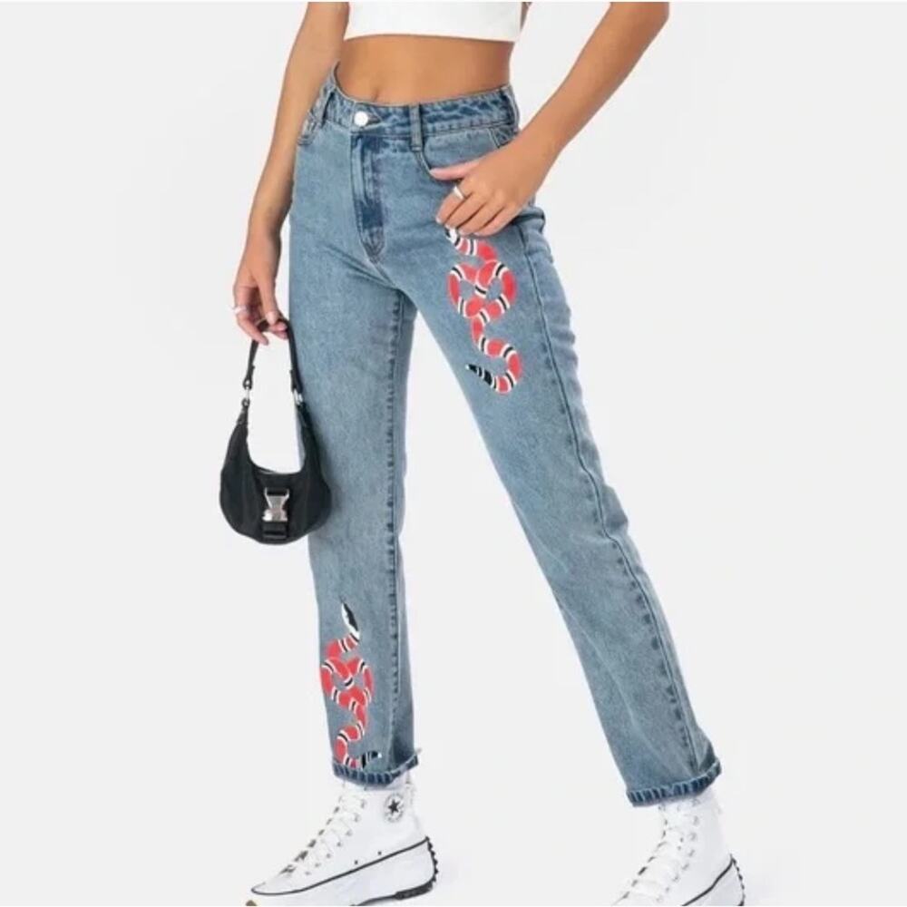Adika snake mom jeans high waist printed blue denim size small size 25 NWT new